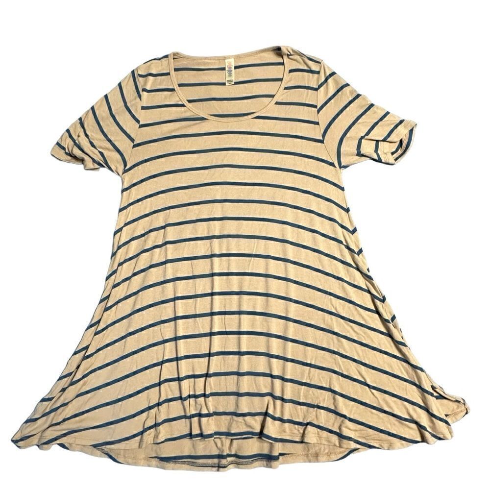 Lula-Roe blue/tan stripe Perfect Tee Swing jersey Top with half sleeve size XXS